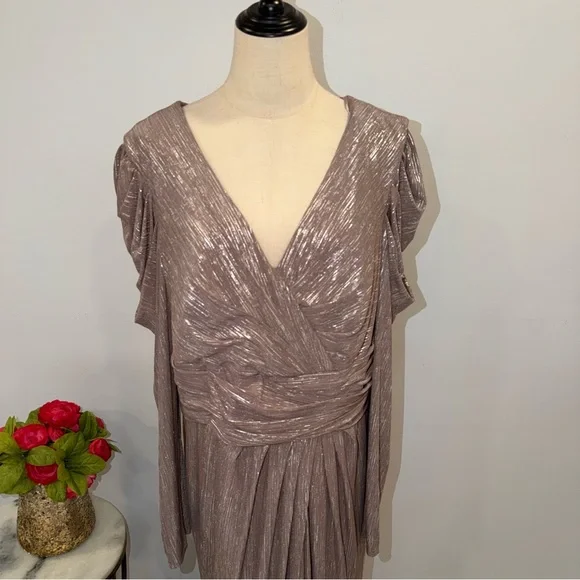 Mac Duggal 49503 Mauve Taupe Metallic Faux Wrap Draped Puff Sleeve Gown -Reemoly